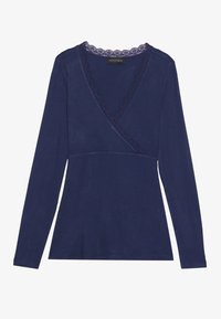 Μπλέ navy μπλούζα μακρύτερου μανικιού σε στυλ περιτυλίγματος με δαντελένια επένδυση γύρω από το V-λαιμό και εφαρμοστή κορυφή. Κατασκευασμένη από μαλακό, υφασμάτινο υλικό.