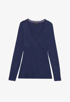 Top avvolgente a maniche lunghe blu navy con bordo in pizzo attorno al collo a V e un busto aderente. Realizzato in un morbido tessuto testurizzato.