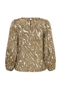 Hnědá a bílá vzorovaná blůza s volným střihem, dlouhými puff rukávy a otvorem ve tvaru klíče na zádech. Texturovaná, splývavá látka.
