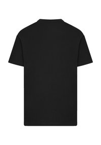 Black cotton T-shirt with short sleeves, round neckline, and a plain back. The fabric has a smooth texture and a relaxed fit.