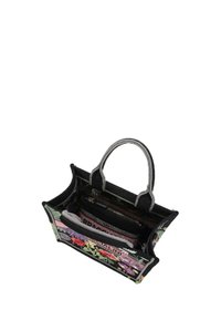 Borsa a tracolla in tela con manici grigi e stampa floreale in diversi colori. Presenta diversi scomparti interni, incluso un taschino con cerniera.