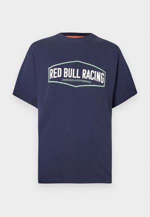 Tmavomodré bavlnené tričko s logom "RED BULL RACING" v bielej a zelenej farbe, krátkymi rukávmi a okrúhlym výstrihom.