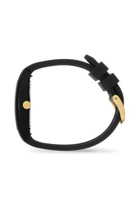 Reloj inteligente negro con caja rectangular, botón dorado y correa de silicona negra suave. Presenta un detalle dorado en la hebilla.