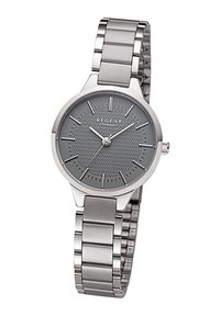 Montre en acier inoxydable argenté avec un cadran gris rond, motif texturé, index des heures et un bracelet à maillons.