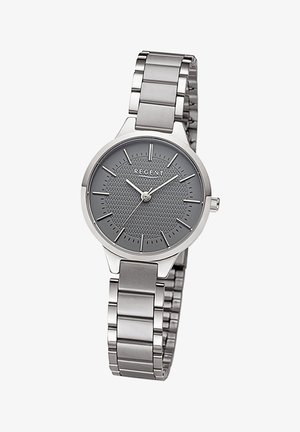 Montre en acier inoxydable argenté avec un cadran gris rond, motif texturé, index des heures et un bracelet à maillons.