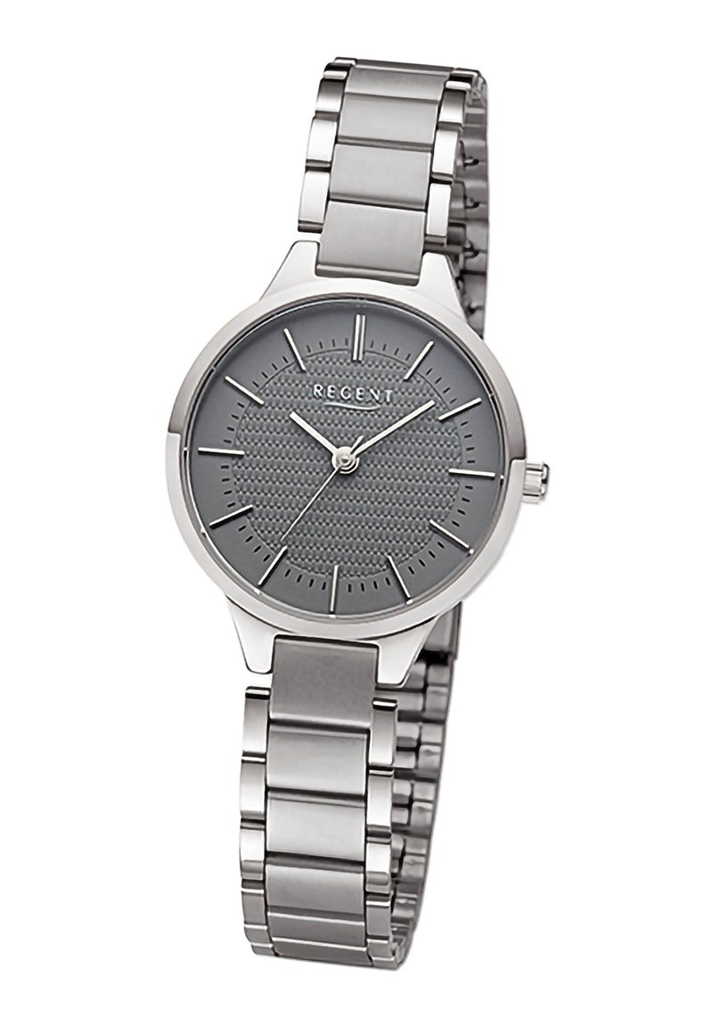 Montre en acier inoxydable argenté avec un cadran gris rond, motif texturé, index des heures et un bracelet à maillons.