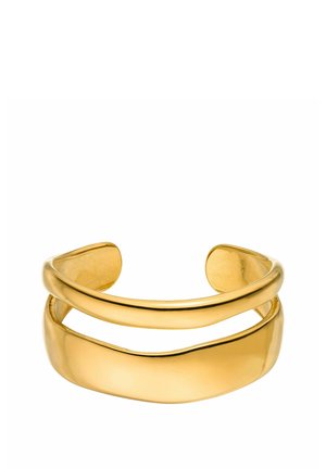 Gold-tone metal cuff bracelet with a smooth, shiny finish. Features two open bands, one positioned above the other, with a curved shape.