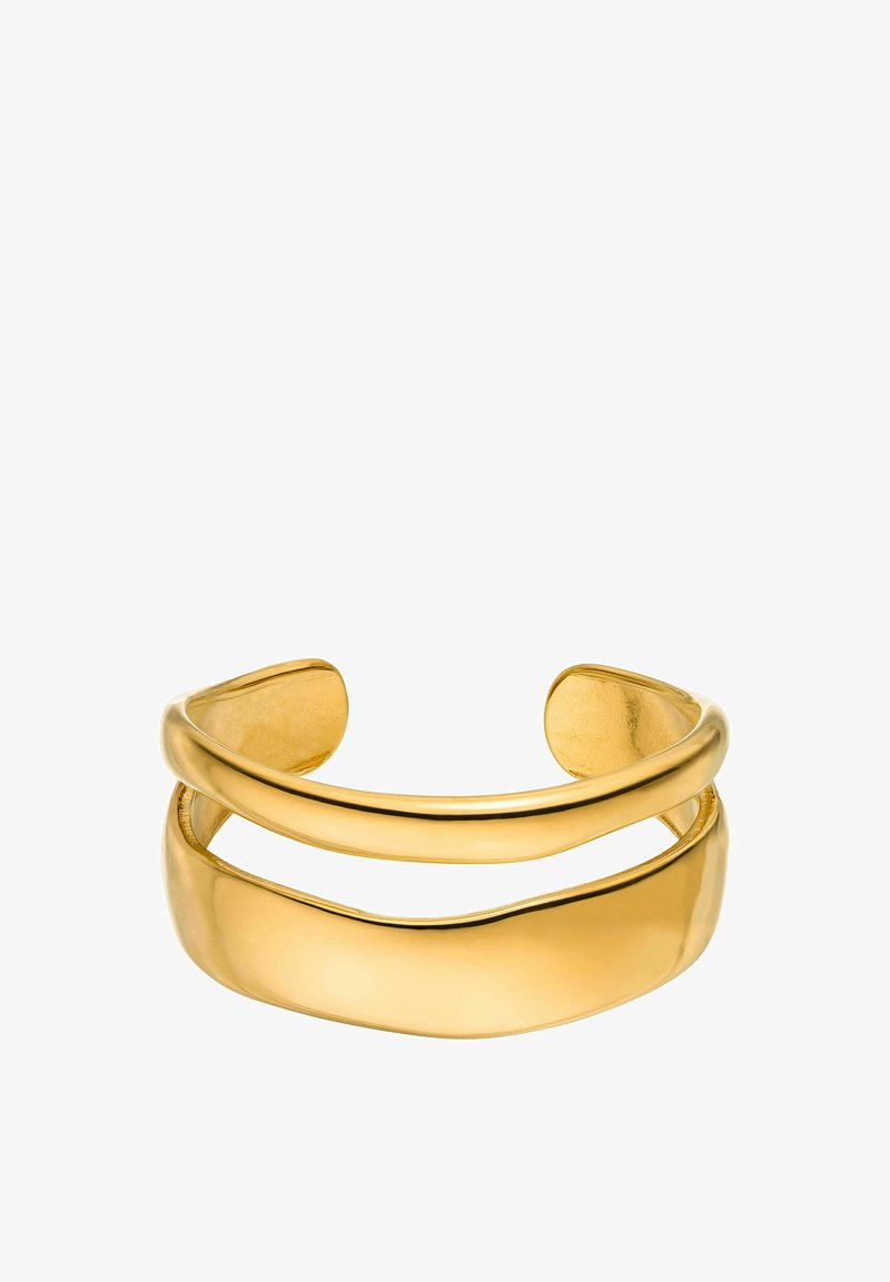 Armband aus goldfarbenem Metall mit einer glatten, glänzenden Oberfläche. Verfügt über zwei offene Bänder, von denen eines über dem anderen angeordnet ist, mit einer geschwungenen Form.