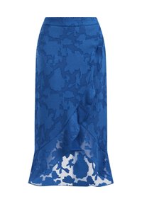 Modrá květinová krajková midi sukně s překládaným designem, nabízí asymetrický lem a textura na povrchu. Hladká podšívka pod krajkovou vrstvou.