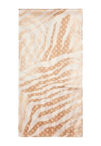Sciarpa con motivo a righe zebrate in tessuto morbido, caratterizzata da strisce beige e bianche con dettagli del logo in texture alternate. Misura circa 70x140 cm.