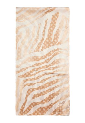 Zebra-gepatroonneerde sjaal van zacht materiaal, met beige en witte strepen en logo-details in afwisselende texturen. Heeft een afmeting van ongeveer 70x140 cm.