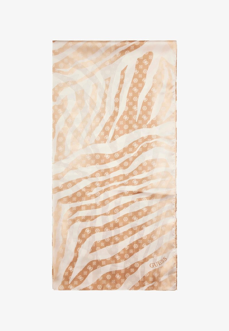 Zebramuster-Schal aus weichem Material, mit beigen und weißen Streifen sowie Logodetails in wechselnden Texturen. Mit einer Größe von ca. 70x140 cm.