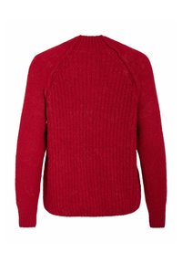 Czerwony sweter z dzianiny o prążkowanej fakturze, z długimi rękawami i okrągłym dekoltem, pokazany z tyłu na białym tle.