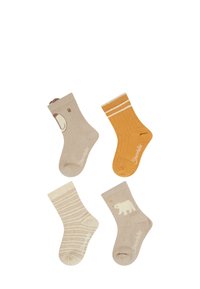 Vier Paare kindlicher Socken: beige mit Bärendesign, orange mit weißen Streifen, beige mit Streifenmuster und beige mit Eisbärendesign.