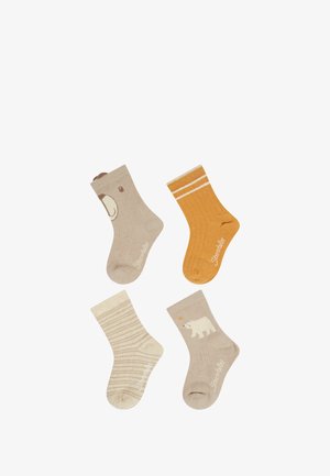 Vier Paare kindlicher Socken: beige mit Bärendesign, orange mit weißen Streifen, beige mit Streifenmuster und beige mit Eisbärendesign.