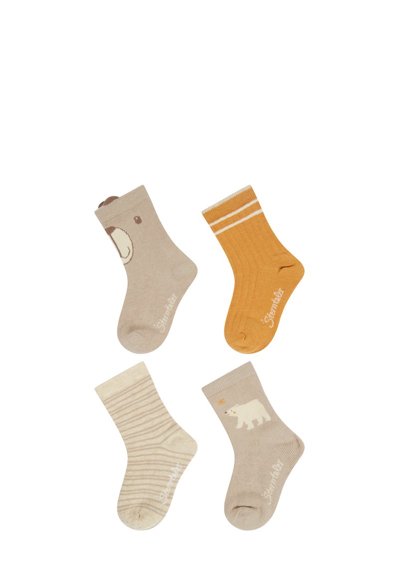 Vier Paare kindlicher Socken: beige mit Bärendesign, orange mit weißen Streifen, beige mit Streifenmuster und beige mit Eisbärendesign.