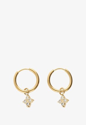 Pendientes de aro dorados con un pequeño charm de cuatro pétalos adornado con cuatro cristales transparentes, que ofrecen un acabado metálico pulido.