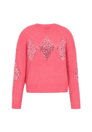 Roze gebreide trui met diamantvormige pailletaccenten op de mouwen en de voorkant, met een ronde hals en een geribbelde zoom.