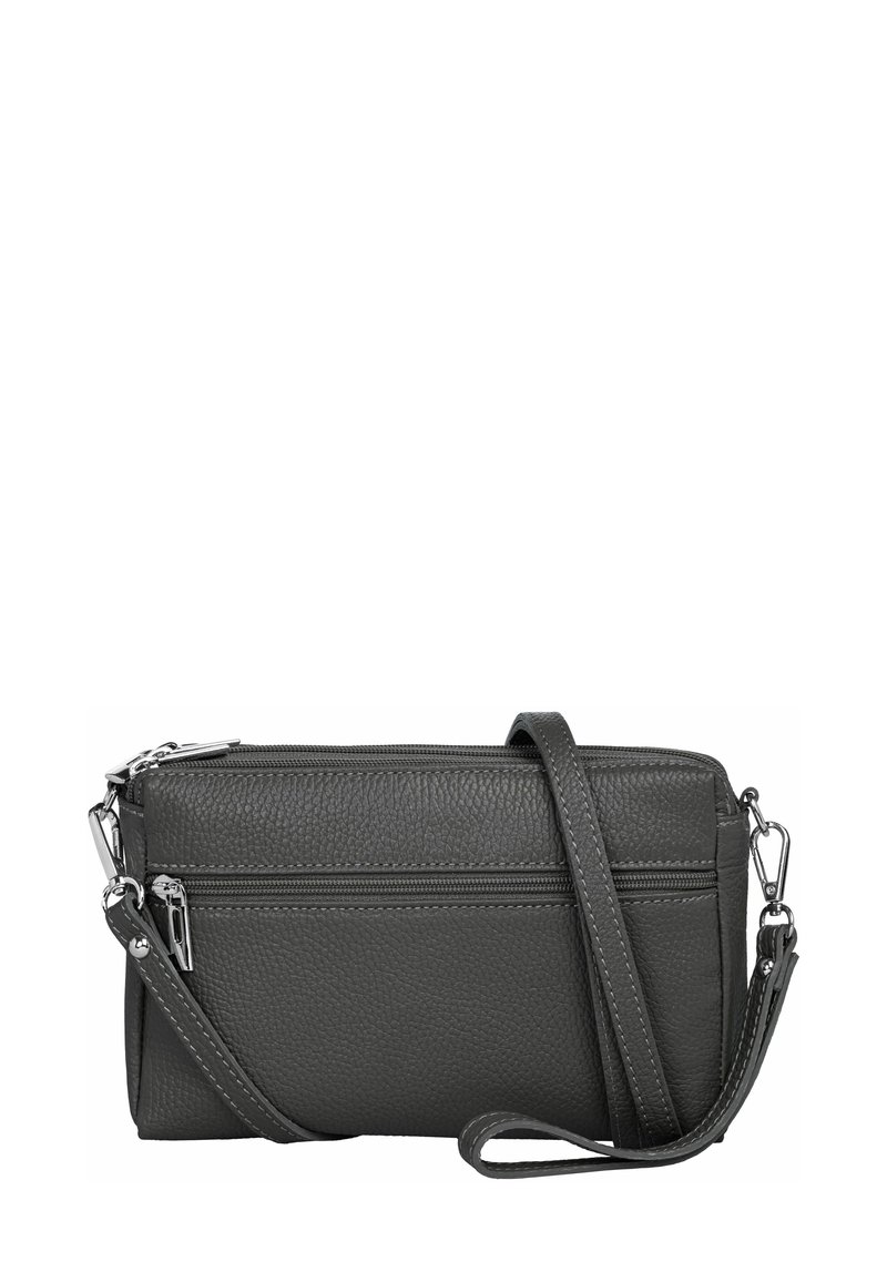 Graue Leder-Umhängetasche mit strukturiertem Finish, zwei Reißverschlussfächern und einem verstellbaren Tragegurt. Zierniete in Silberfarbe.