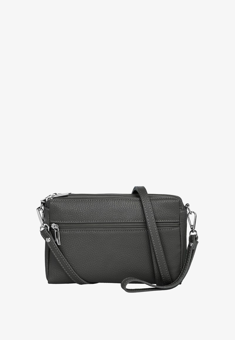 Graue Leder-Umhängetasche mit strukturiertem Finish, zwei Reißverschlussfächern und einem verstellbaren Tragegurt. Zierniete in Silberfarbe.