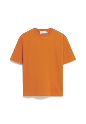 Oranges Baumwoll-T-Shirt in lockerem Schnitt, mit kurzen Ärmeln, Rundhalsausschnitt und kleinem gesticktem Logo auf der Brust. Schlichtes Design, keine Muster.