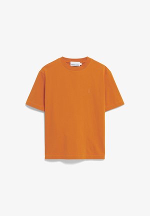 Oranje katoenen T-shirt met een relaxte pasvorm, korte mouwen, ronde hals en een klein geborduurd logo op de borst. Effen ontwerp, zonder patronen.