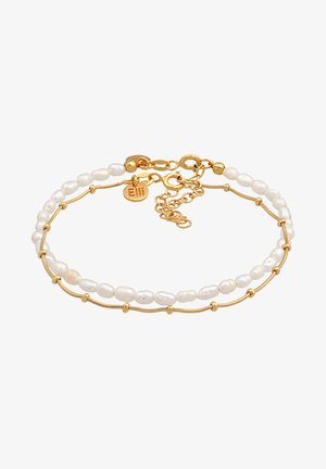 Bracelet en or avec deux rangées de perles blanches irrégulières, entrecoupées de perles en or et d'un fermoir décoratif en or.