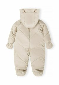 Beige gewatteerde overall met een capuchon, voorzien van ronde oren, elastische manchetten en een diagonale gestikte patroon voor isolatie en warmte.