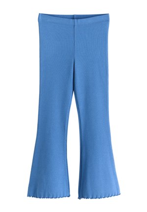 Pantaloni a zampa in maglia a coste blu con orli smerlati e vita alta, stesi su sfondo bianco.