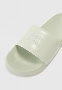 Grønn slidesandal med glatt overflate, med en bred stropp preget med en matchende logo, jevn såle og avrundede kanter.