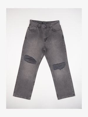 Graue Jeans aus Denim mit geradem Schnitt, ausgestattet mit zwei aufgerissenen Knie-Patches und einem klassischen Fünf-Taschen-Design.