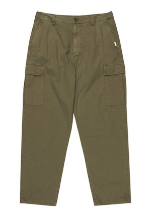 Olivgrüne Cargo-Hose aus Baumwolle mit Knopfverschluss, seitlichen Taschen und zwei großen Cargo-Taschen an den Oberschenkeln.