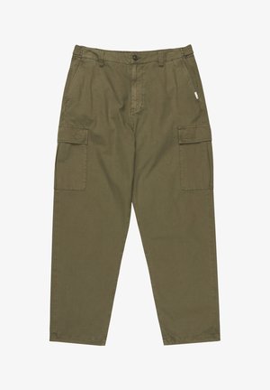 Zelené khaki cargo kalhoty vyrobené z bavlny, s předním knoflíkem, bočními kapsami a dvěma velkými cargo kapsami na stehnech.