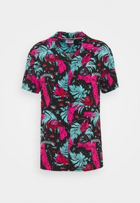 Kurzarmhemd in Schwarz mit einem tropischen Muster aus pinken und türkisfarbenen Palmenblättern, Flamingos und Florida-inspirierten Grafiken.