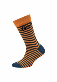 Calze a metà polpaccio con strisce orizzontali arancioni e blu navy, punta e tallone blu navy, e testo "GREY" vicino al bordo superiore.