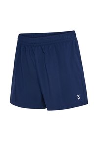 Pantaloni sportivi blu navy con cintura elastica, caratterizzati da una texture liscia e un dettaglio con logo bianco sul lato sinistro in basso.
