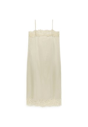 Beige Satin-Nachtkleid mit verstellbaren Spaghetti-Trägern und einem Blumenspitzenbesatz am Halsauschnitt und Saum. Glatte Textur.