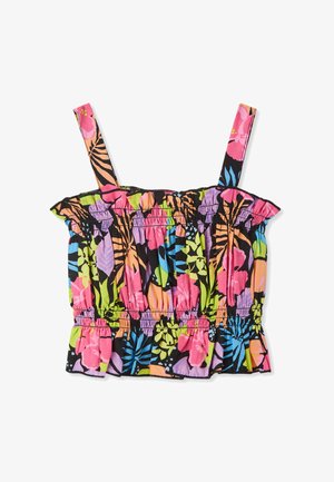 Top a fiori corto con spalline regolabili, caratterizzato da vivaci motivi rosa, verde e viola su uno sfondo nero, con texture arricciata.
