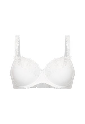 Witte bh met een gladde stofbasis en kantaccenten op de cups. Inclusief verstelbare bandjes en een geschulpte rand op de band.