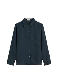Camicia button-up di un blu scuro realizzata in un tessuto leggero. Presenta un colletto classico, maniche lunghe e una singola tasca sul petto.