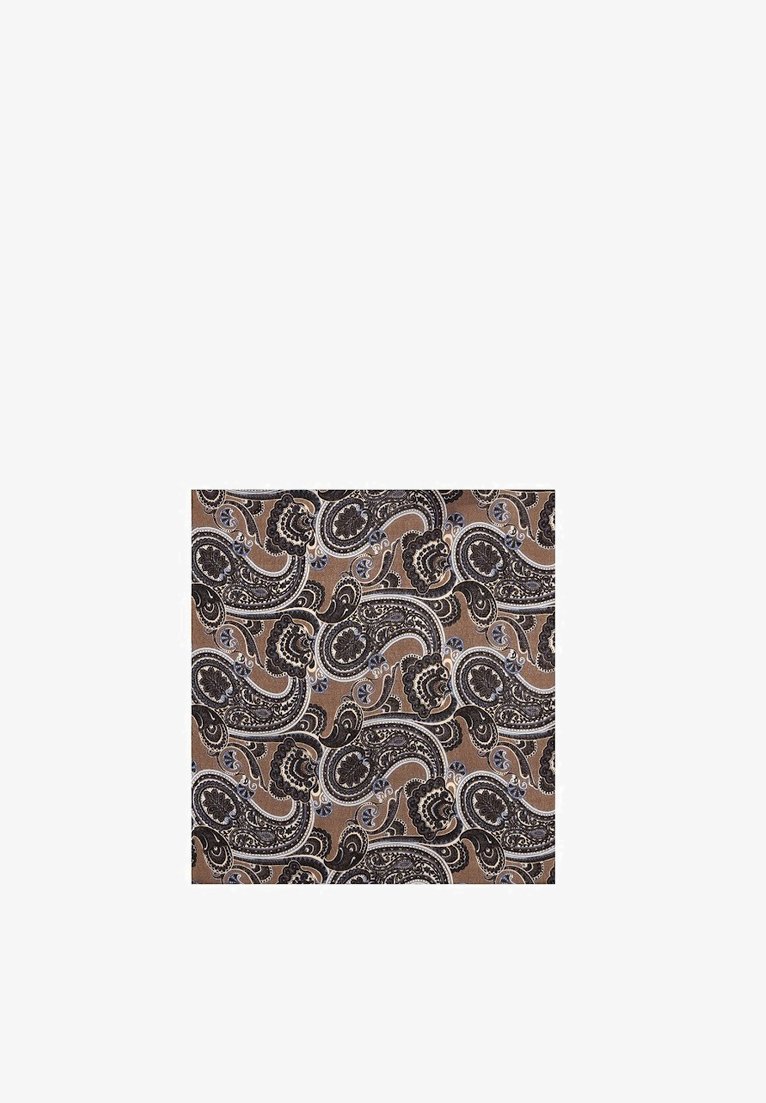 Brązowa tkanina z misternymi czarnymi i beżowymi wzorami paisley, zawierająca kwiatowe i zakrzywione kroplowe kształty.
