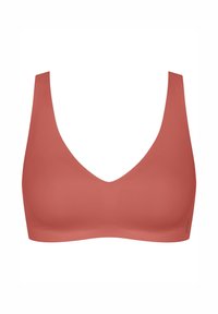 Różowo-koralowy biustonosz z szerokimi ramiączkami, gładką teksturą i głębokim dekoltem w kształcie litery V. Bezszwowa konstrukcja i brak widocznych elementów ozdobnych.