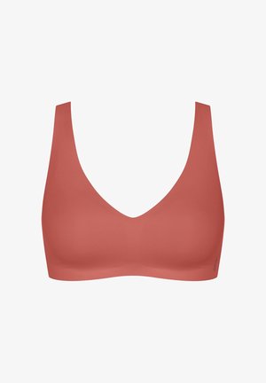 Korallenfarbenes BH mit breiten Trägern, glatter Textur und einem tiefen V-Ausschnitt-Design. Nahtlose Verarbeitung und keine sichtbare Hardware.