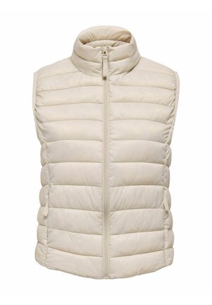 Padded cream vest with high collar, front zipper closure, and quilted texture. Features side pockets with elastic pulls for adjustability.
