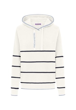 Kremowa bluza z kapturem z cienkimi granatowymi poziomymi paskami, niebieskim wykończeniem oraz napisem „Frieda & Freddies” po lewej stronie ściągacza.