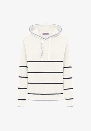 Kremowa bluza z kapturem z cienkimi granatowymi poziomymi paskami, niebieskim wykończeniem oraz napisem „Frieda & Freddies” po lewej stronie ściągacza.