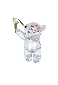 Klar kristallbjörn av figur med fasetterad yta, guldmetallarm och svarta ögon. Står upprätt med armarna utsträckta, glänsande yta.