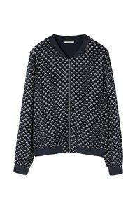 Chaqueta de cremallera en color navy con un patrón floral texturizado, puños y bajo acanalados, y un cuello en V. Tejido de mezcla de algodón, corte relajado.