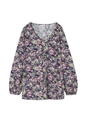 Blusa con stampa floreale a maniche lunghe, scollo a V e polsini arricciati. Presenta un mix di fiori viola, rosa e verdi su uno sfondo scuro.