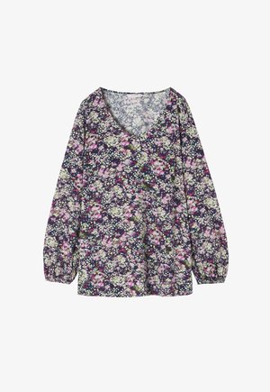 Blusa con stampa floreale a maniche lunghe, scollo a V e polsini arricciati. Presenta un mix di fiori viola, rosa e verdi su uno sfondo scuro.